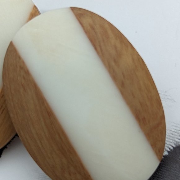 Vintage Wooden Pierced Earrings Fabulous 1970's Post Geometric One is Bone-Wood - Picture 3 of 7